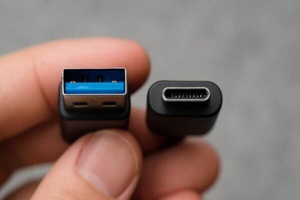 PS5に対応するUSB Type-AとType-C端子を並べて比較している様子