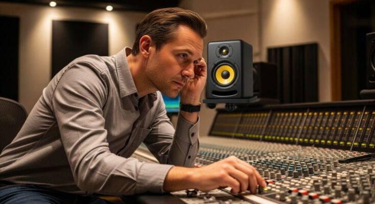 proのミュージシャンが音をスピーカーでチェックしている