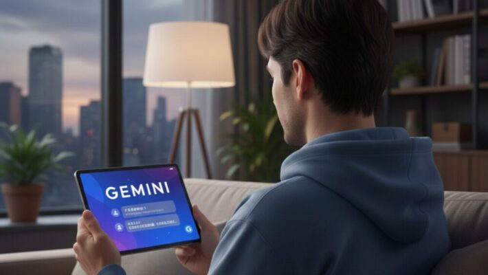 Geminiをタブレットで使用している男性