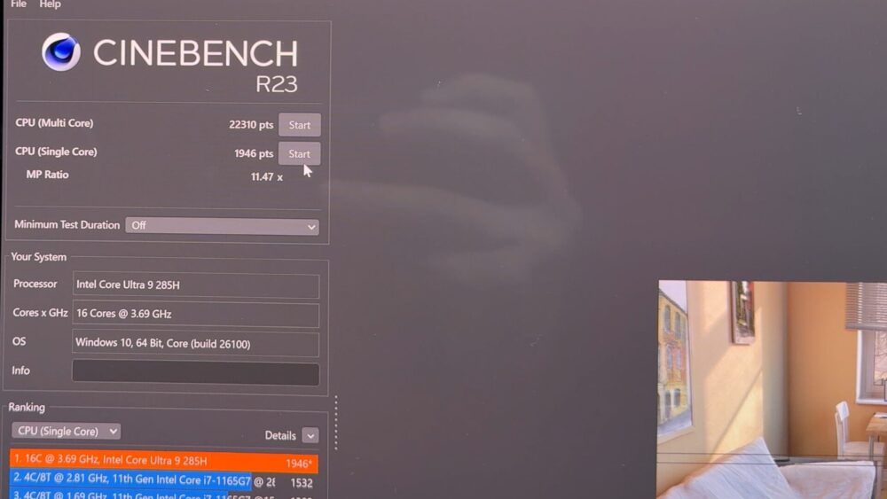 Dell 16 PremiumのCINEBENCH R23結果。マルチコア22310pts、シングルコア1946pts
