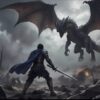 A lone armored knight battles a massive, towering dragon one-on-one in a fierce, (8)