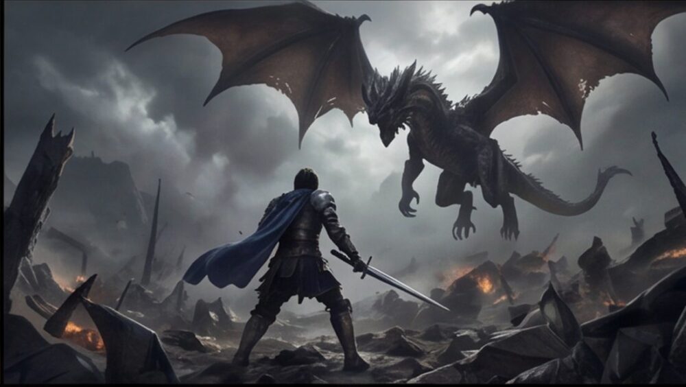 A lone armored knight battles a massive, towering dragon one-on-one in a fierce, (8)
