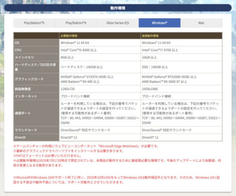 FF14必要動作環境 推奨動作環境