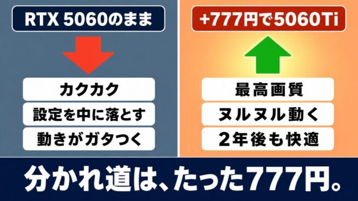 RTX 5060のままだとカクカク、+777円で5060Tiにすれば最高画質で快適｜分かれ道は、たった777円